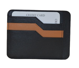 Porte-cartes minimaliste fin en cuir véritable noir avec bande marron, étui pour cartes de crédit, portefeuille de poche avant - Product Image 4