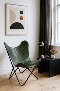Fauteuil papillon en cuir vert olive de qualité supérieure, structure en métal doré, fait main, léger, moderne, pour salle à manger, mobilier de maison, fauteuil lounge - Product Image 2