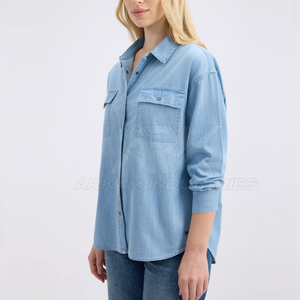 Camisa de Mezclilla de Manga Corta para Mujer, Cuello Alto, 100% Algodón Orgánico, Corte Ajustado, Ideal para Oficina, Estilo Casual de Verano - Product Image 2