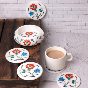Ensemble de dessous-de-verre de luxe en marbre blanc avec incrustations florales Pietra Dura, sets de table ronds et support - Pack de gros pour la salle à manger - Product Image 3