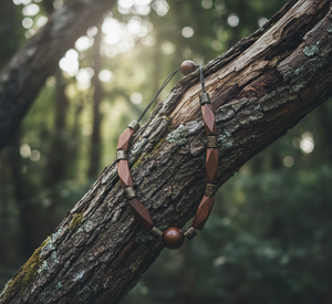 Collier artisanal en bois Matinee avec perles rectangulaires polies et entretoises oxydées sur cordon de coton ciré réglable - Product Image 3
