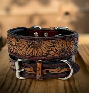 LEATHERCART Premium Sunflower Carved Leather Dog Collar Hand <b>Tooled</b> Western Durable Adjustable Pet Collar - Product Image 1