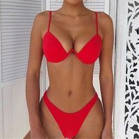 Ensemble bikini push-up à armatures pour femme, bretelles fines, coupe haute, couleur unie, deux pièces, maillot de bain de plage, style classique simple