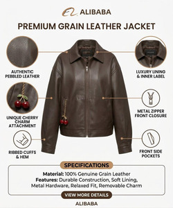 <b>Women's</b> <b>Brown</b> Genuine Sheep Skin Woven Zip Blouson <b>Jacket</b> Solid Pattern Turn Down Collar with Cherry Chain Charm Winter Autumn - Product Image 6