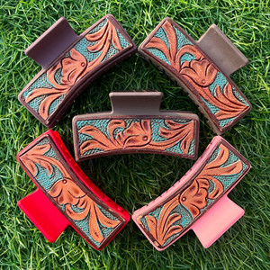 New Arrival Hot Selling Western Stylish Handmade Tooled Engraved Leather Hair Claw <b>Clips</b> Leather Claw Hair Accessories for Women - Product Image 4