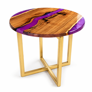 Mesa de Centro Redonda de Madera Maciza con Resina Epoxi Hecha a Mano, Base de Acero Dorado, Muebles de Lujo para Sala de Estar - Product Image 3