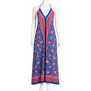 ชุดเดรสยาวพิมพ์ลายด้วยมือแบบแฮนด์บล็อก สายเดี่ยวแบบสปาเก็ตตี้ สวมใส่สบายสำหรับผู้หญิง ผ้าฝ้าย 100% ลายดอกไม้ พร้อมขอบตกแต่ง - Product Image 1