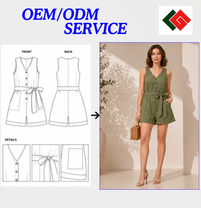 Combinaison sans manches pour femme, vert, 100 % polyester, col en V, longueur midi, ceinture à la taille, décontractée, couleur unie, respirante, écologique, vente en gros - Product Image 6