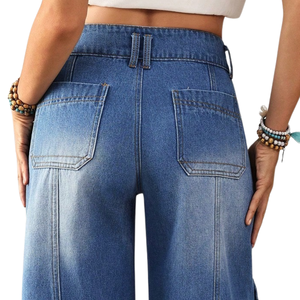 Jean en denim décontracté bleu délavé aux enzymes pour femme, taille haute, coupe ample, jambe large, avec coutures apparentes, poches utilitaires, respirant, séchage rapide, taille XL - Product Image 4