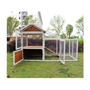Poulailler et enclos à lapins en bois de 77 pouces pour l'extérieur, avec nichoir en PVC imperméable, jaune - Product Image 6
