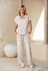 Ensembles de survêtements d'été pour femmes, antibactériens, légers, hauts sans manches à demi-zip, pantalons à jambes larges, motif uni - Product Image 3