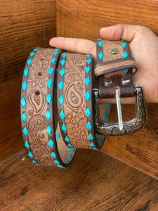 New Western Stylish Real Genuine Hand <b>Tooled</b> <b>Leather</b> Floral Paint Designer Belts High Quality Handmade <b>Leather</b> Unisex Waist Belt - Product Image 2