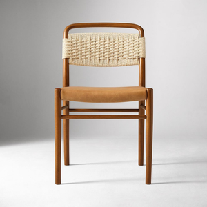 Minimalist Nordic Style Solid Wood Dining <b>Chair</b> with Comfortable Saddle Leather <b>Pad</b> and Woven Back - Product Image 2