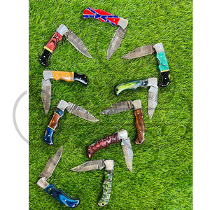 Cuchillo Plegable de Acero de Damasco con Mango de Madera Pakka y Funda de Cuero, ODM OEM, para Bolsillo, EDC, Caza, Camping, Grado Industrial - Product Image 5