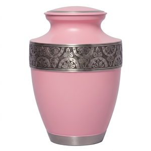 Urna Funeraria de Aluminio para Adultos con Hermosa Banda Grabada en Color Estaño y Rosa, Acabado con Bolsa de Terciopelo para Cenizas Humanas - Product Image 1