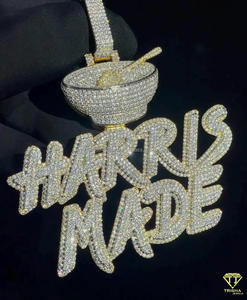 Collier pendentif personnalisé en forme de bol de riz, serti de moissanite et de strass, bijoux personnalisés avec nom, pendentif hip hop bling pour hommes et femmes - Product Image 2