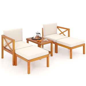 Set di 5 sedie lounge da patio in legno di acacia con pouf e cuscini - Product Image 4
