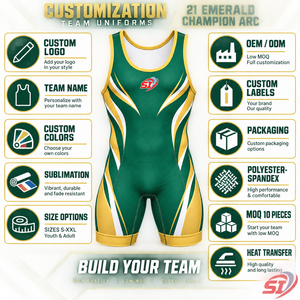 Combinaison de lutte personnalisée Emerald Champion Arc pour hommes et jeunes, uniforme d'équipe sublimé, combinaison de musculation, fabricant OEM, vente en gros - Product Image 6