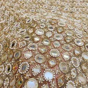 Tissu brodé perlé personnalisé, tissu à sequins, tissu dentelle, tissu organza pour kaftan, abaya, robe, textile, exportateur et acheteur en gros - Product Image 3