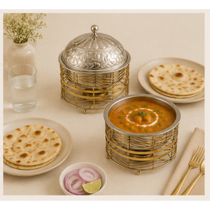 Olla Moderna de Acero Inoxidable con Aislamiento Térmico y Tapa Floral Grabada a Mano, Soporte de Buffet Ecológico con Alambre Dorado - Product Image 4