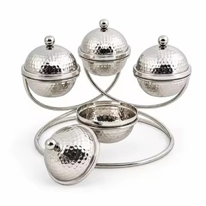 New Style Stainless Steel Date Set With Wooden Tray Base 4-Bowl Dry Fruit Serving Container Set With Lids <b>Tabletop</b> For Hotel - Product Image 4