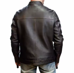 แจ็คเก็ตหนังผู้ชายทรงสลิมฟิตขายส่ง สไตล์คลาสสิคแบบคอลลาจ แจ็คเก็ตหนังทรงทรัคเกอร์ - Product Image 3