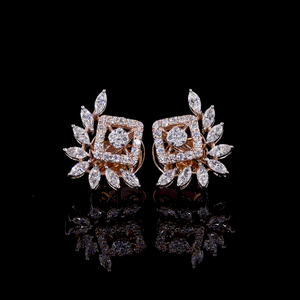 Boucles d'oreilles clous carrées en diamant de laboratoire avec halo marquise en or rose |   Boucles d'oreilles de luxe pour fêtes et mariages - Product Image 1