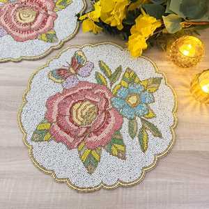 Luxury Handmade Beaded Floral <b>Placemat</b> with Rose and Butterfly Design Eco-Friendly Durable Fabric <b>Table</b> Mat 450mm Diameter - Product Image 1