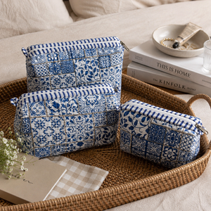Ensemble de 3 trousses de maquillage vintage élégantes bleues rayées en coton résistant à l'eau avec fermeture éclair, poignée souple et grande capacité - Product Image 4