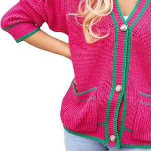 2026 Pink Custom Colours Embroidered Wool/Acrylic <b>Thick</b> V-neck Casual Sorority Fraternity College Varsity <b>Cardigan</b> Sweater - Product Image 5