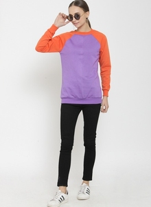 Sweat-shirt à col rond pour femme, à blocs de couleur, manches longues, violet orange, tricoté décontracté, 100% coton, vêtements d'automne - Product Image 2