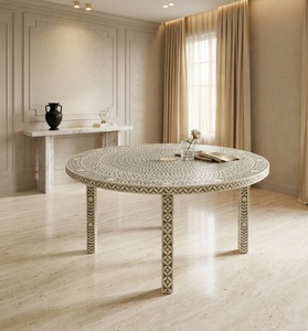 Table à manger ronde en os incrusté, bureau de salle à manger en bois à motifs modernes pour salon et décoration intérieure - Product Image 1