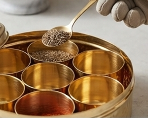 Boîte à masala ronde en métal doré avec 6 petites coupelles, style vintage fait main, support de rangement pour vaisselle de cuisine - Product Image 3