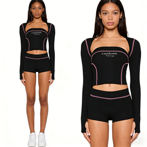 Clothing Manufacturer Custom Women 2 Piece Athleisure Loungewear Shrug <b>Tube</b> Top Track Shorts Pants Flare Pants Yoga Outfits Sets - Product Image 2