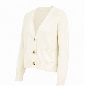 2026 Women's Cream Crew Neck Pullover Knit Sweater Full Sleeve Casual Solid Color Pocket Design Autumn Wear - Product Image 1