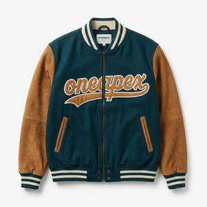Chaqueta de lana para hombre en color verde azulado oscuro con cremallera, logotipo bordado personalizado, cuello y puños de punto acanalado, estilo urbano, fabricación al por mayor. - Product Image 1