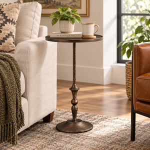 Table d'appoint ronde côtelée en bronze antique, table de chevet vintage en métal moulé, table d'appoint décorative en métal texturé - Product Image 5