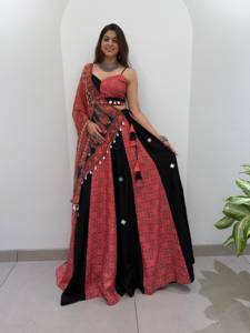 Indian Women's <b>Red</b> <b>Black</b> Printed Lehenga Choli Set Traditional <b>Wedding</b> Wear Floor-Length Polyester <b>Dress</b> Stretchable Loose Fit - Product Image 6