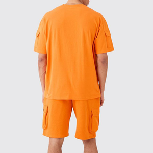 Ensemble T-shirt et short en coton orange pour homme, col rond, décontracté, été, couleur unie, tricoté, respirant, streetwear - Product Image 4