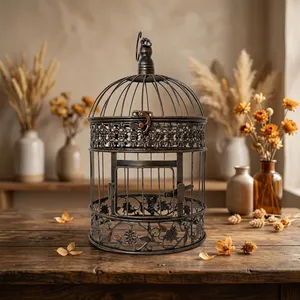 Cage à oiseaux ronde vintage en fer, support décoratif suspendu pour arrangements floraux, pour mariage, fête, maison, jardin, artisanat en métal - Product Image 3
