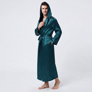 Bata de satén con capucha para hombre, manga larga, sedosa y suave, para otoño, con bolsillos y cinturón, camisón de satén para hombre - Product Image 2