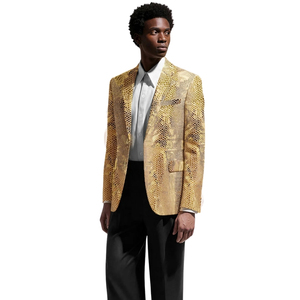 Blazer de Cuero Genuino con Estampado de Serpiente Dorada para Hombre, Forro de Satén, Corte Entallado, Cierre de un Botón, Cuello Camisero - Product Image 2