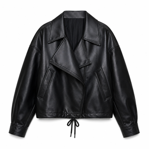 Blouson bomber en cuir PU pour femme avec col rabattable, fermeture éclair, style court, vêtement d'automne, couleur unie, coupe-vent - Product Image 5