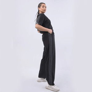 Ensemble de survêtement noir pour femme, col rond, manches courtes, pantalon long avec poches latérales, taille à cordon de serrage, tenue décontractée pour l'automne - Product Image 4