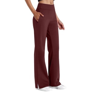 High Waist Full Length Flared Leg Yoga Pants With Pockets Solid <b>Burgundy</b> Elastic Waist Stretch Women's Activewear - Product Image 5