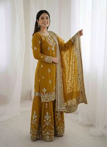 Party Traditional Indian Festive Faux Georgette Top with Embroidery Sequence Work Palazzo and Dupatta with Heavy Embroidery Work - Product Image 6
