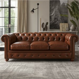 Sofá Chesterfield de Cuero Marrón de Lujo, 3 Plazas, con Botones Decorativos y Brazos Enrollados, Muebles de Primera Calidad para Sala de Estar - Product Image 1