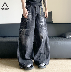 Aifran Sports Vintage Barrel Leg Jeans Men Loose Fit Washed <b>Denim</b> Casual Streetwear Pants Wholesale - Product Image 1