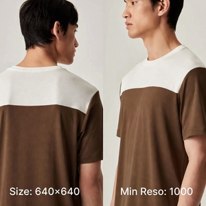 เสื้อยืดคอกลมแขนสั้นผู้ชาย สีน้ำตาลขาว ตัดต่อสี ทรงปกติ สไตล์ลำลอง ผ้าถัก 100% คอตตอน ระบายอากาศได้ดี - Product Image 5