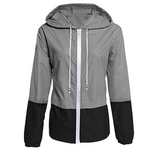 Hooded <b>Windbreaker</b> Jacket Color Blocking Gray <b>Black</b> Zipper Closure Casual Lightweight Unisex Spring Outerwear - Product Image 1
